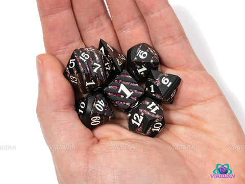 Fairy Stripes | Black Striped Pink Mica Glitter | Metal Dice Set (7) | Dungeons and Dragons (DnD) | Tabletop RPG Gaming