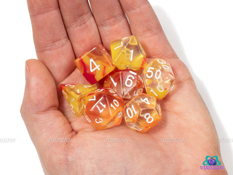 Fire Elemental | Orange, Yellow, Red Swirl & Clear Acrylic Dice Set (7) | Dungeons and Dragons (DnD)