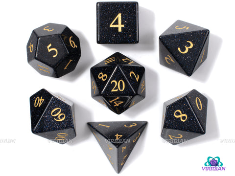 Blue Sandstone | Real Blue-Black Gemstone, Gold Ink, Glittery Specks | Dice Set (7) | Polyhedral Set for D&D