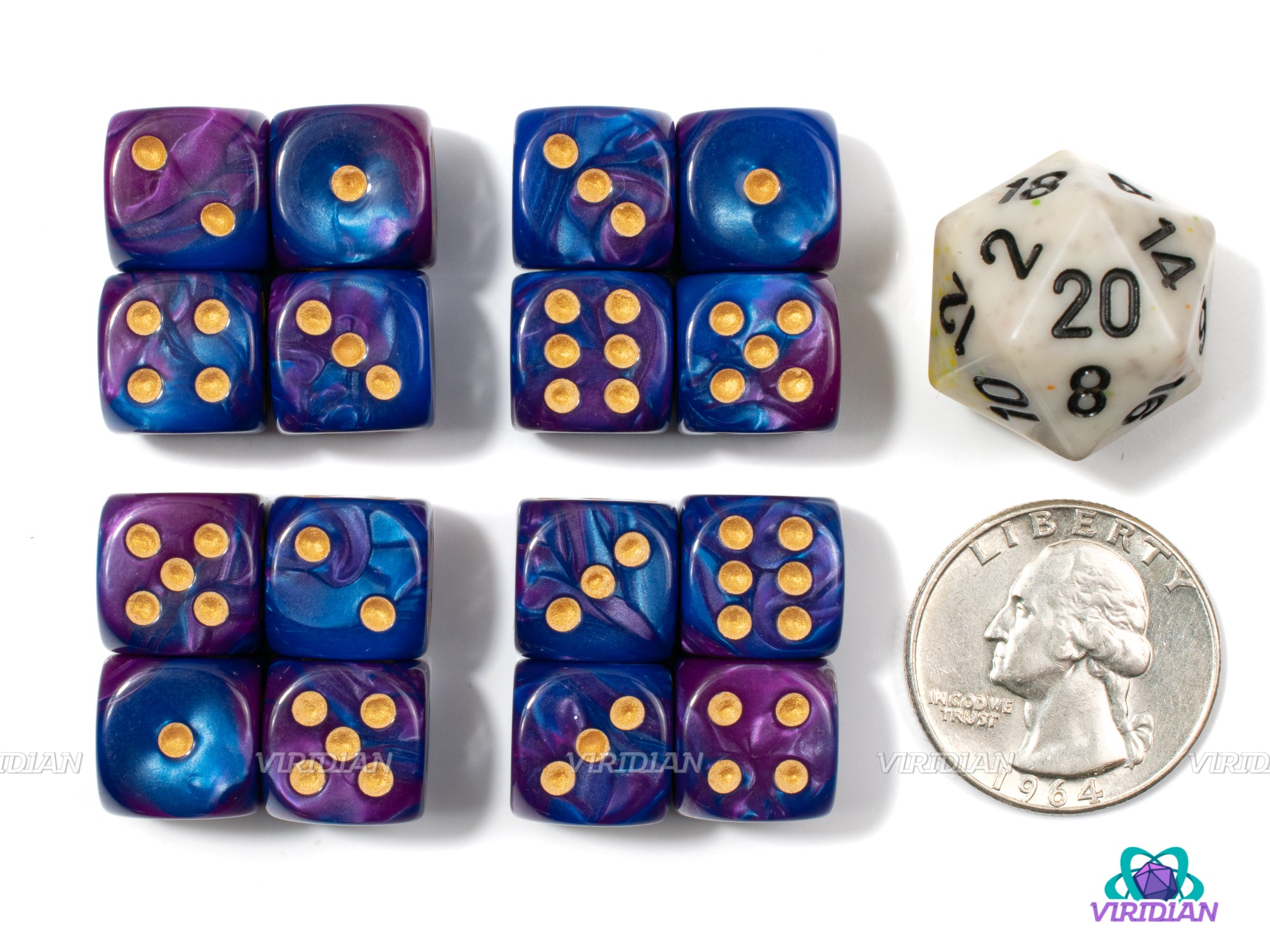 Purple Worm (Set of 16) 12mm D6s | Blue & Purple Swirled | Pipped D6s | Wargaming