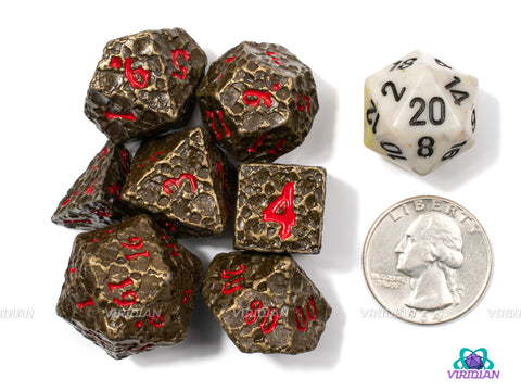 Forbidden World | Cratered Design | Bronze, Brown Distressed Asteroid-Style, Red Ink | Metal Dice Set (7)