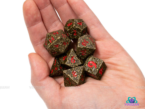Forbidden World | Cratered Design | Bronze, Brown Distressed Asteroid-Style, Red Ink | Metal Dice Set (7)