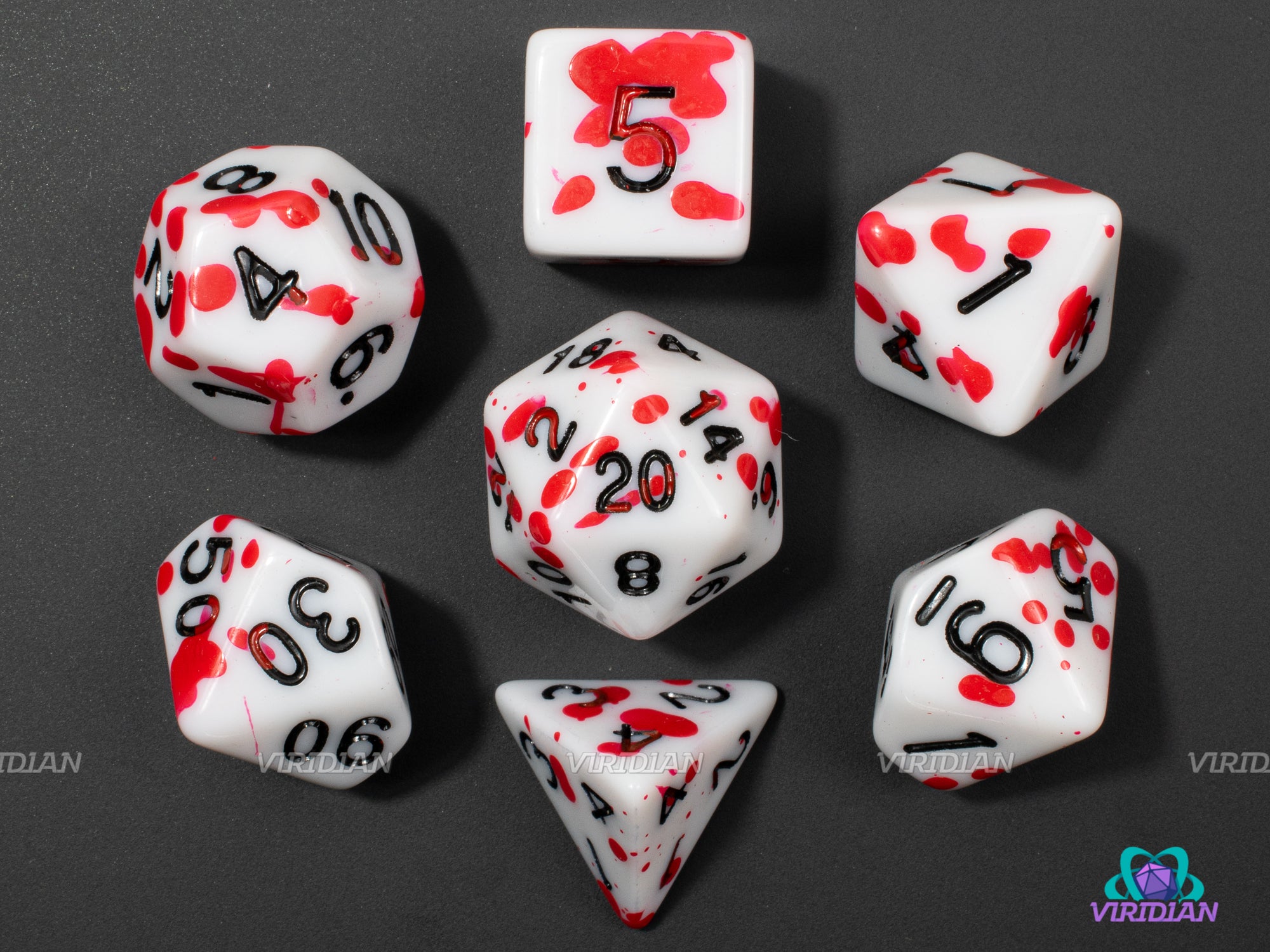 Death Save | White, Red Blood Splatter Speckles | Acrylic Dice Set (7)