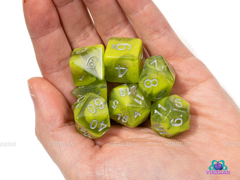 Noxious Gas | Green and Yellow Swirled, Glittery | Acrylic Dice Set (7)