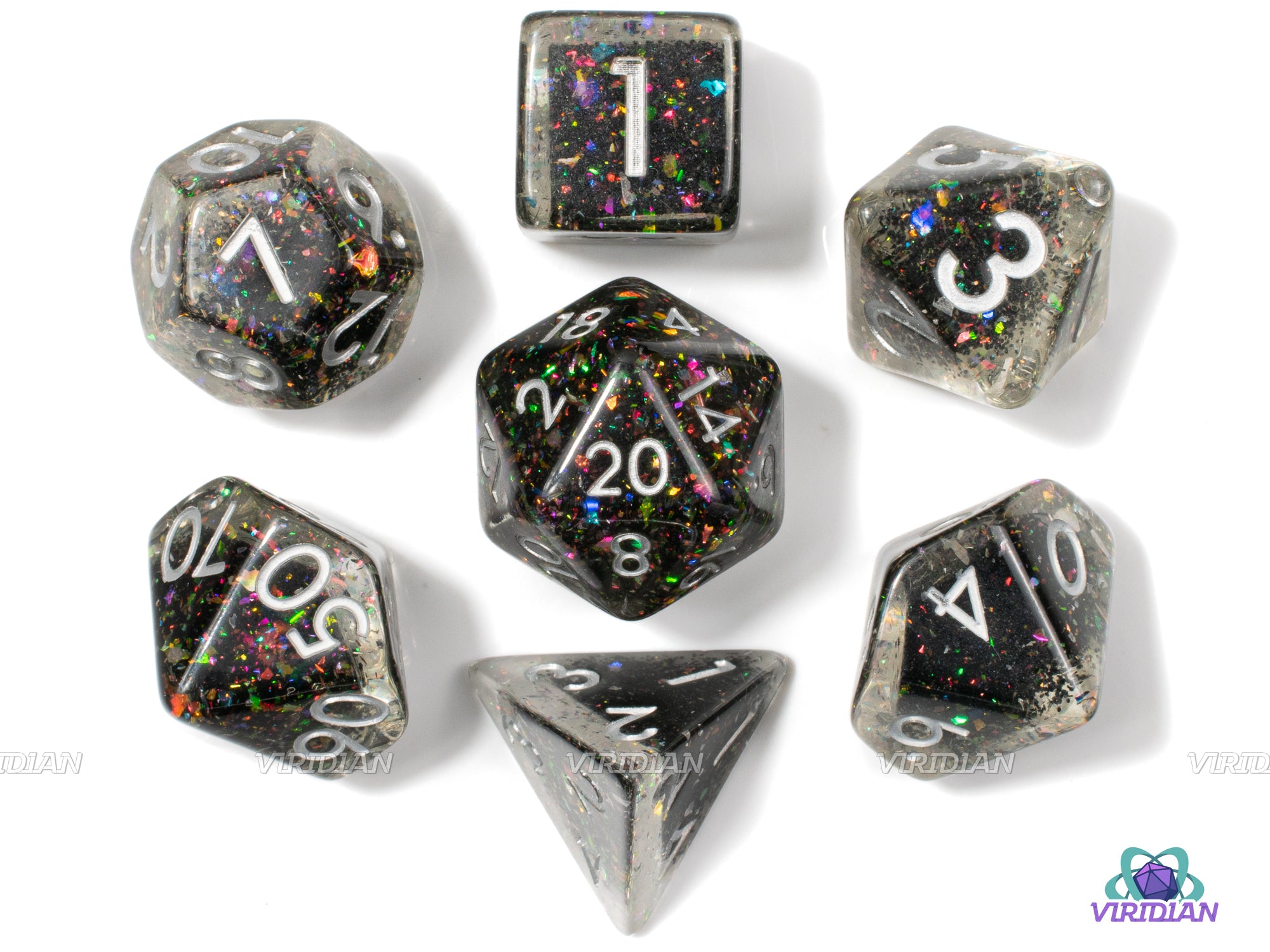 Prismatic Spray (B-Grade) | Black with Rainbow Mica Glitter Resin Dice Set (7) | Dungeons and Dragons (DnD)