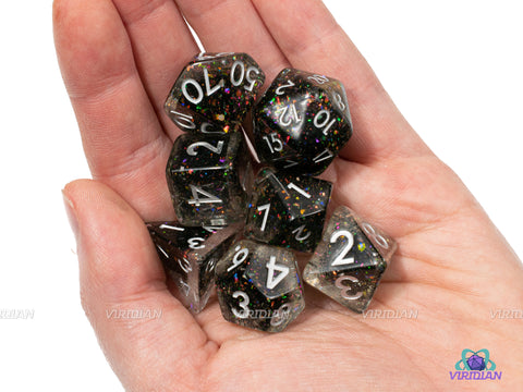 Prismatic Spray (B-Grade) | Black with Rainbow Mica Glitter Resin Dice Set (7) | Dungeons and Dragons (DnD)