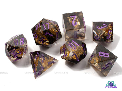 Raven's Omen | Sharp-Edged w/ Gold Foil and Light Purple Ink, Black Feather | Resin Dice Set (7)