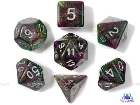 Eldritch Smite | Purple, Green, Black Glittery Swirls | Acrylic Dice Set (7)