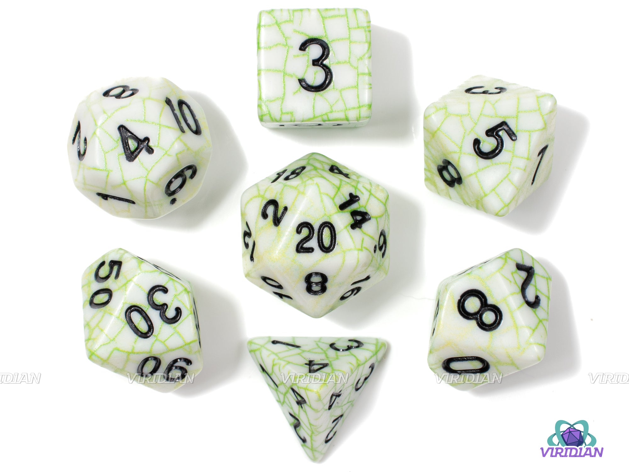 Shattered Peridot | Matte White and Light Green Grid Design | Acrylic Dice Set (7)