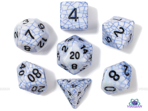 Shattered Sapphire | White and Blue Grid Design | Acrylic Dice Set (7)