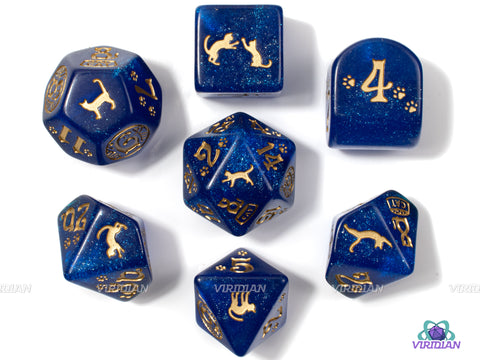 Cats: Meowster | Shimmering Deep Blue and Gold Cat Themed Dice Set (7) | Q Workshop