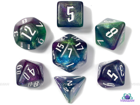 Nebula | Blue, Purple, Green Glittery Acrylic Dice Set (7) | Dungeons and Dragons (DnD)