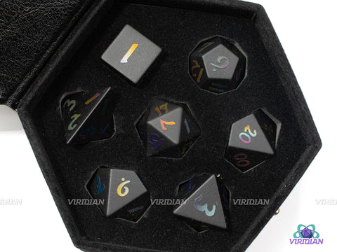 Scratch Art | Real Matte Black Obsidian, Rainbow Engraved Numbers | Gemstone Dice Set (7)