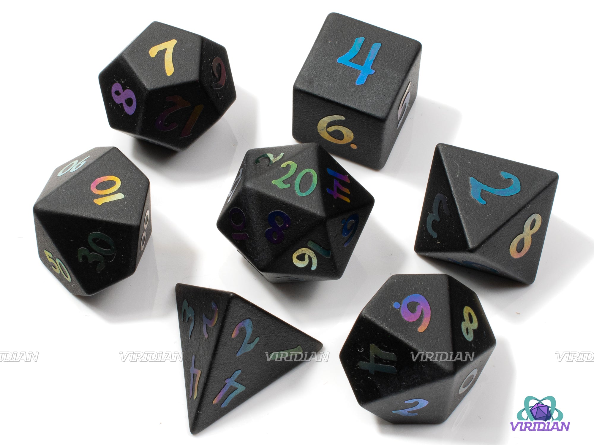 Scratch Art | Real Matte Black Obsidian, Rainbow Engraved Numbers | Gemstone Dice Set (7)