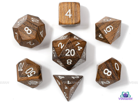 Zebra Wood | Light Natural Striped Brown & Tan, Painted Numbers | Wood Dice Set (7) | Dungeons and Dragons (DnD)