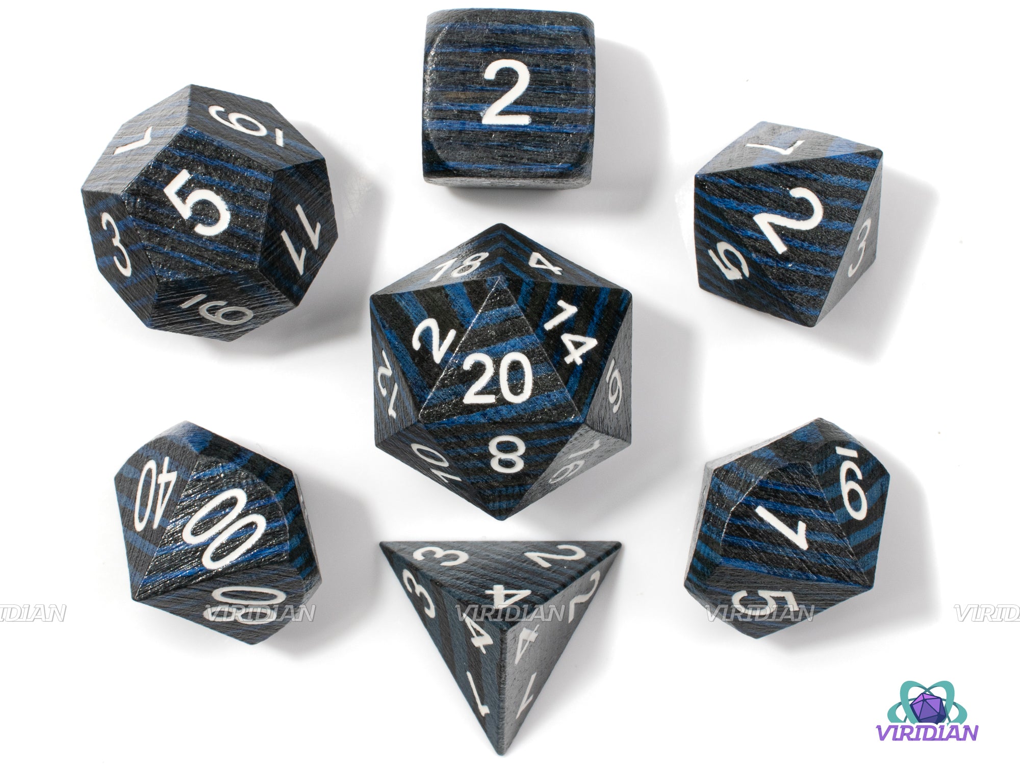 Striped Blue & Black | Dyed Wood Dice Set (7) | Dungeons and Dragons (DnD)
