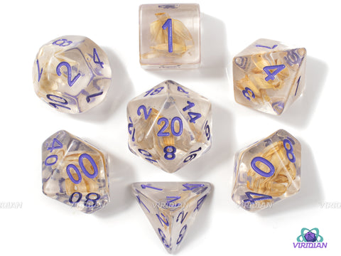 Barley Wine | Clear, Purple Ink, Wheat Inside Resin Dice Set (7) | Dungeons and Dragons (DnD)
