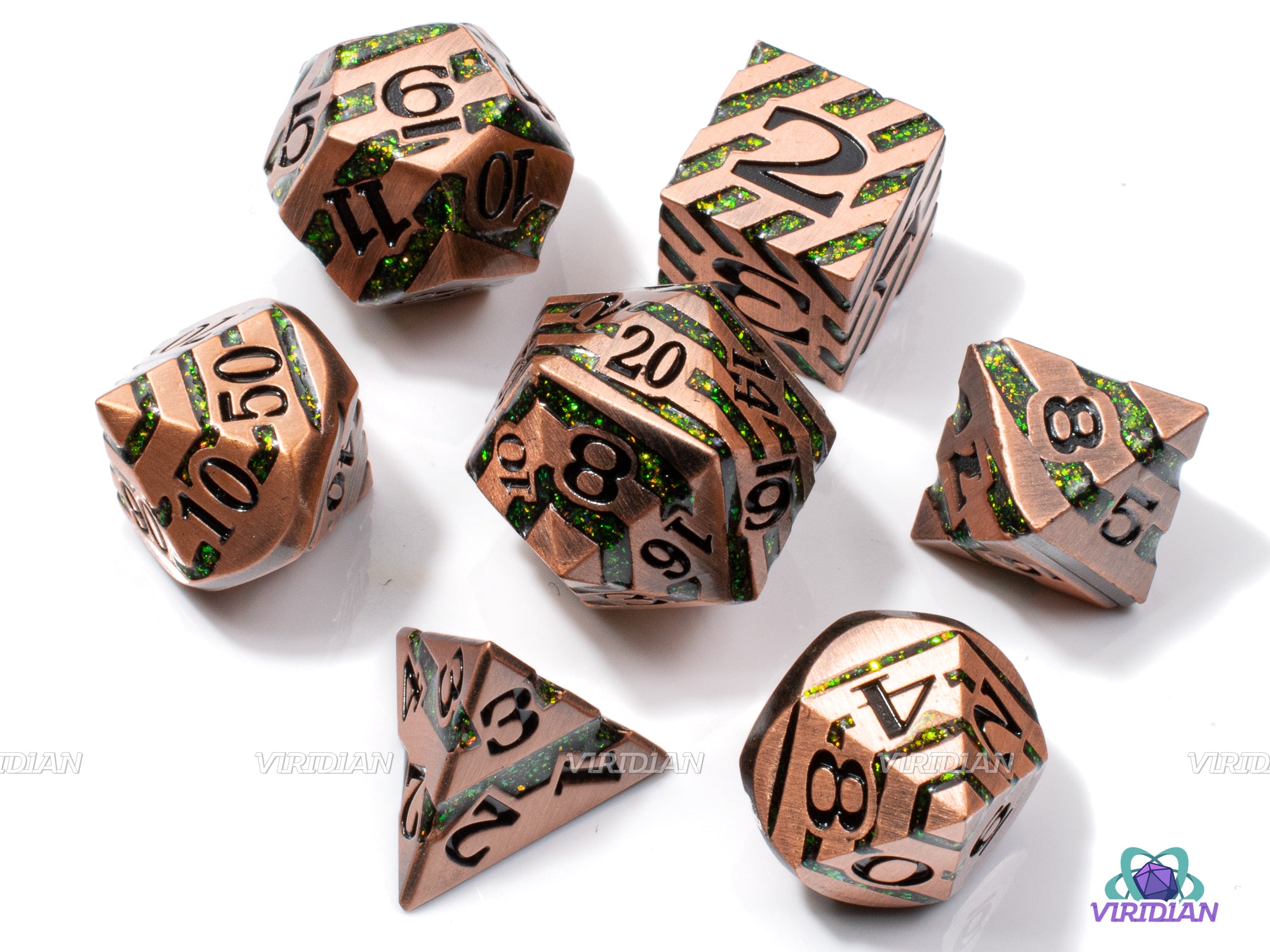 Green Stripe | Copper Metal Mica Glitter Dice Set (7) | Dungeons and Dragons (DnD) | Tabletop RPG Gaming