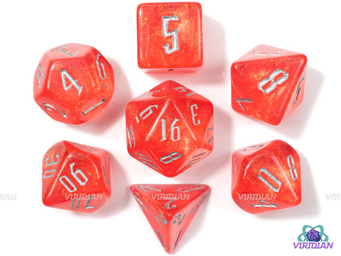 Red Hood | Translucent With Gold Glitter Acrylic Dice Set (7) | Dungeons and Dragons (DnD)