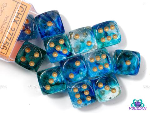 Nebula Oceanic & Gold D6 Set (12) | Blue Green & Clear Glow-in-the-Dark (Luminary) | 16mm D6 Block (12) | Chessex
