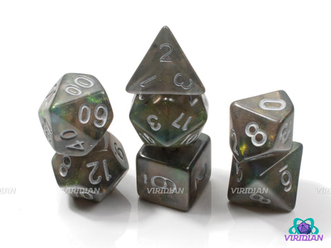 Artificer Oil (Glitter-Shift) | Brown, Black, Green, Glittery Acrylic Dice Set (7) | Dungeons and Dragons (DnD)