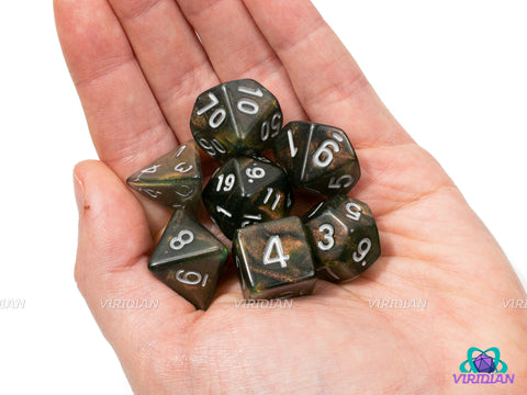 Artificer Oil (Glitter-Shift) | Brown, Black, Green, Glittery Acrylic Dice Set (7) | Dungeons and Dragons (DnD)