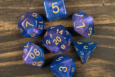 Synthwave | Blue, Pink Glitter Acrylic Dice Set (7) | Dungeons and Dragons (DnD)