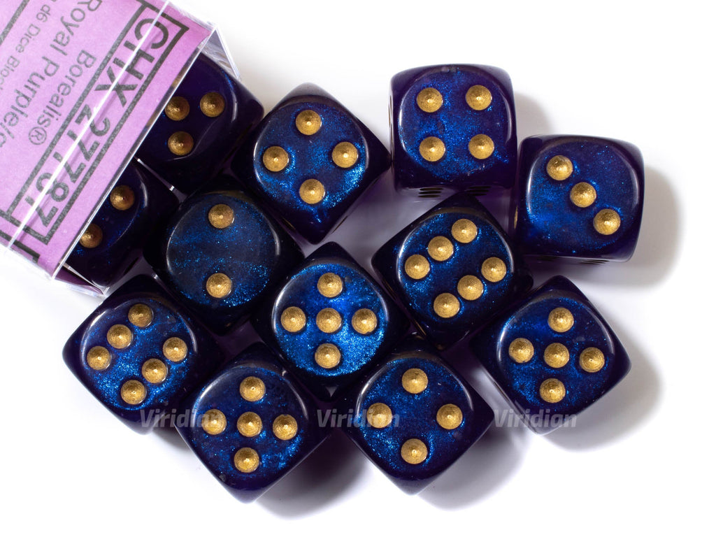 Borealis Royal Purple & Gold Luminary | D6 Block | Chessex Dice Block (12)