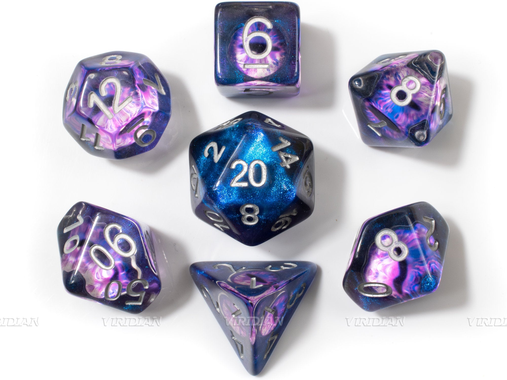 All-Seeing Eye | Purple and Blue Demonic Eye, Clear Translucent Resin Dice Set (7)
