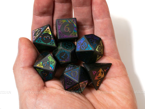 Obsidian with Rainbow | Real Gemstone Dice Set (7)