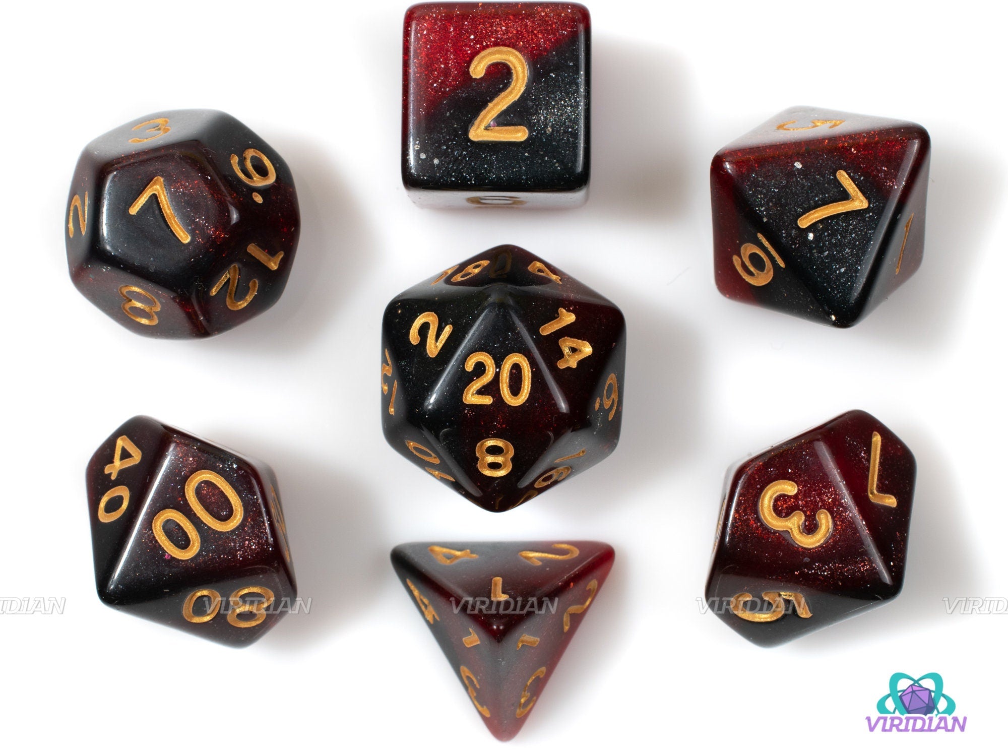Red Obsidian | Red, Black, Gold Glitter Acrylic Dice Set (7) | Dungeons and Dragons (DnD)