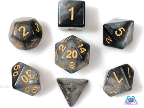 Stardust | Black, Gray, Glittery Acrylic Dice Set (7) | Dungeons and Dragons (DnD)