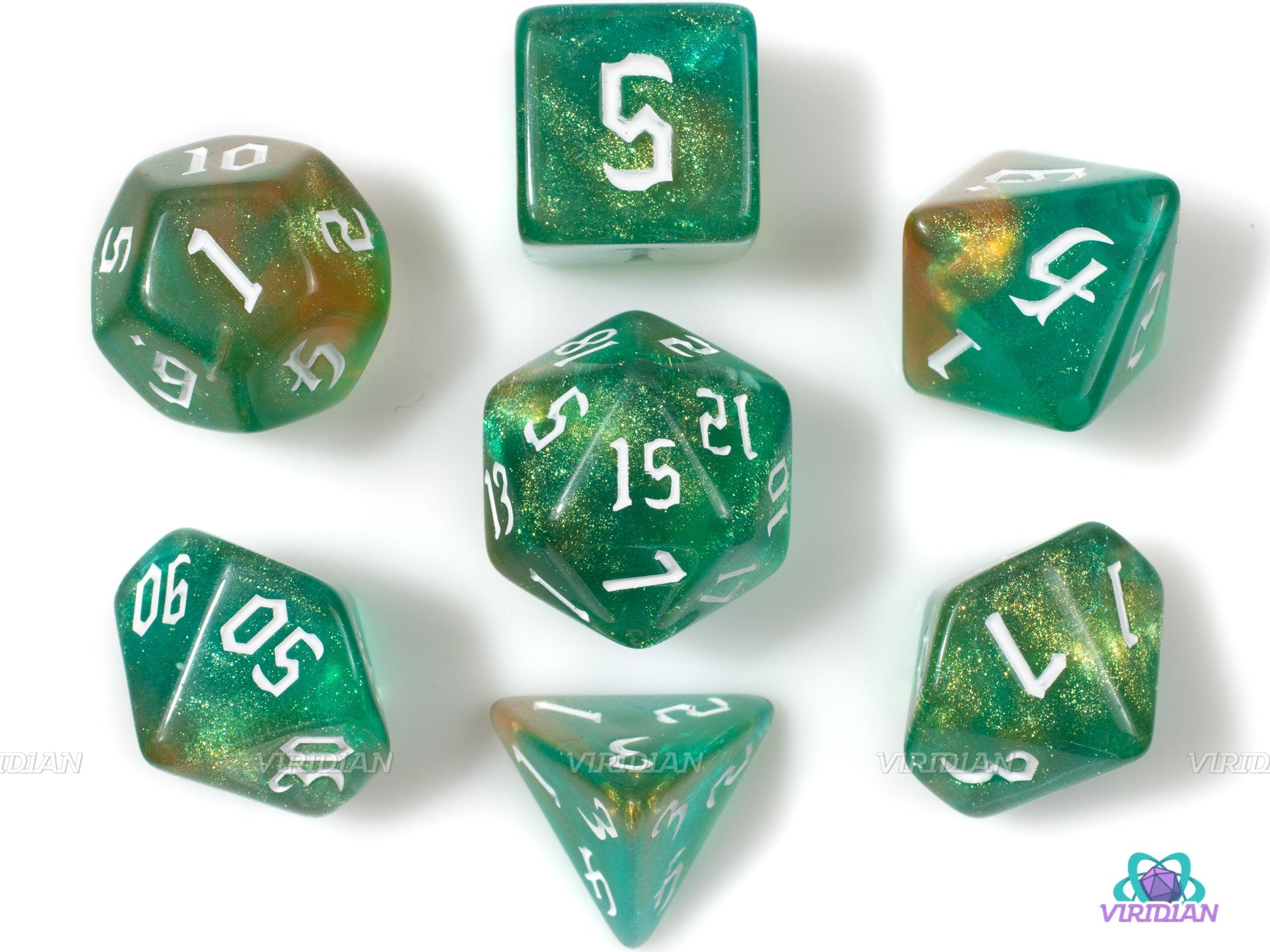 The Blooming Grove | Green, Brown, Gold Glitter Swirled Acrylic Dice Set (7)