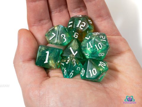 The Blooming Grove | Green, Brown, Gold Glitter Swirled Acrylic Dice Set (7)