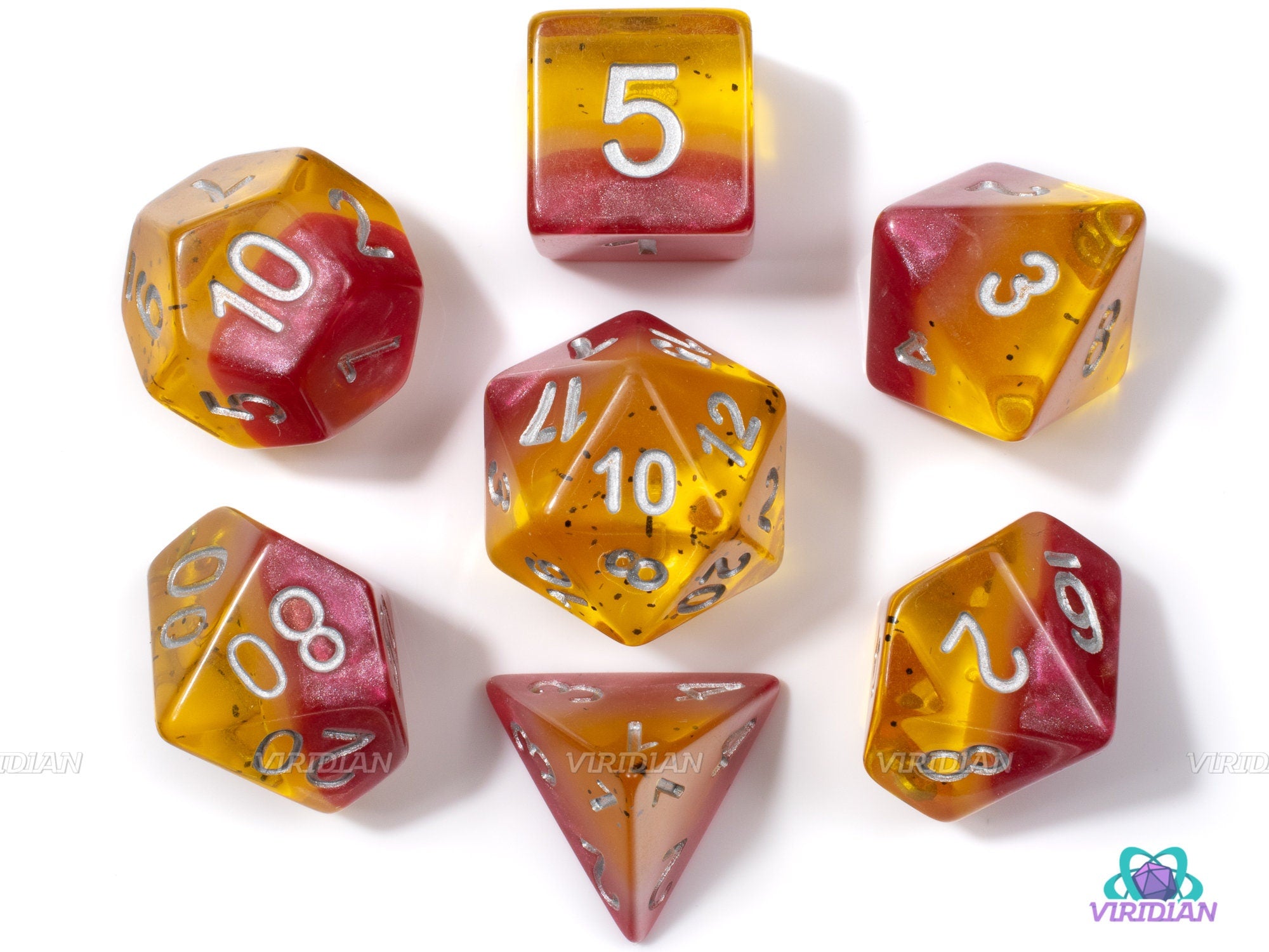 Candlelight | Red & Orange Speckled Layered Acrylic Dice Set (7) | Dungeons and Dragons (DnD)