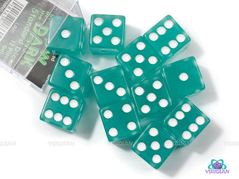 Lime Glow In The Dark | (12) 16mm Acrylic Blue-Green Pipped D6 Dice