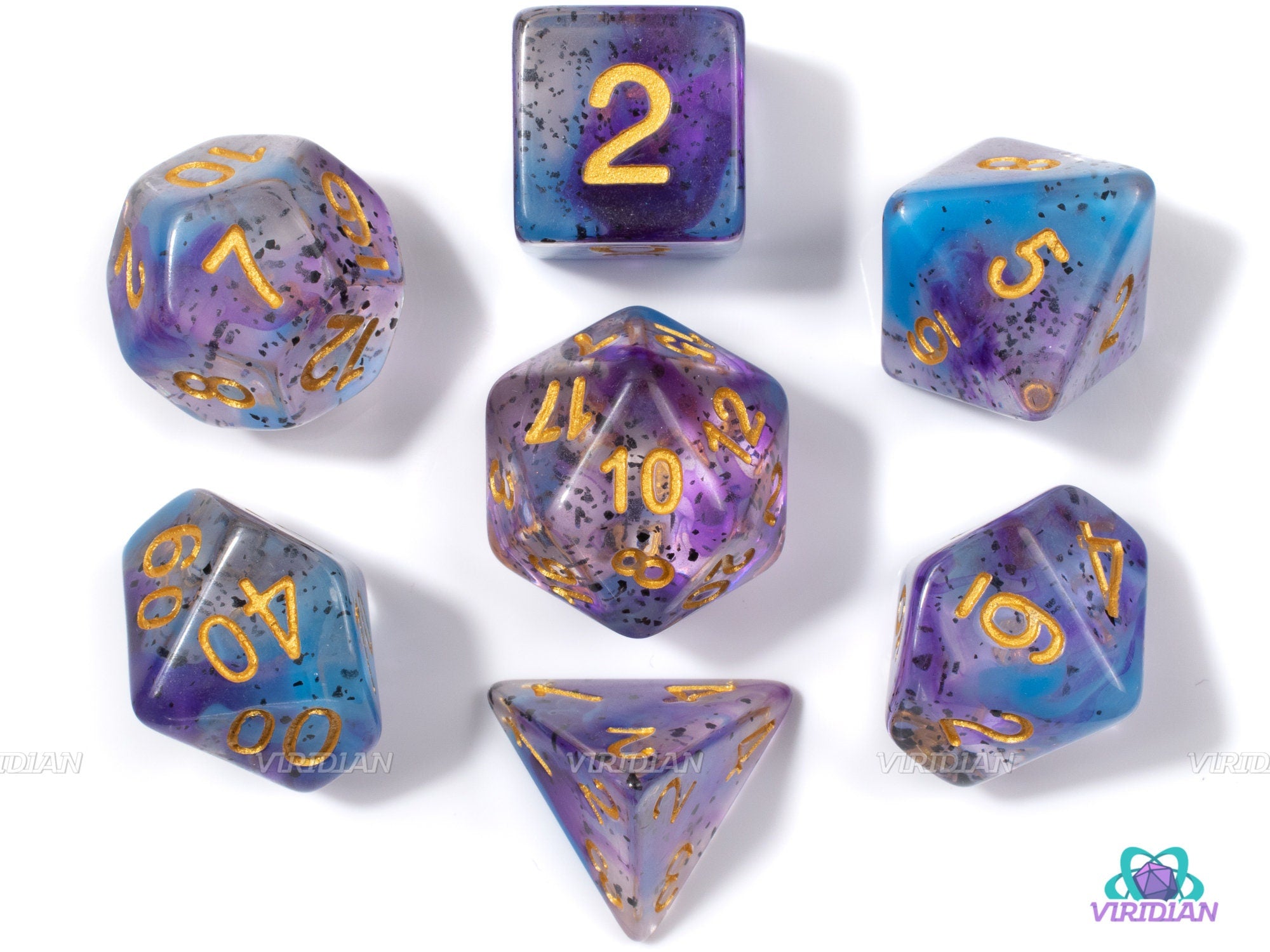 Violet Frost | Purple, Blue Translucent Speckled Acrylic Dice Set (7) | Dungeons and Dragons (DnD)