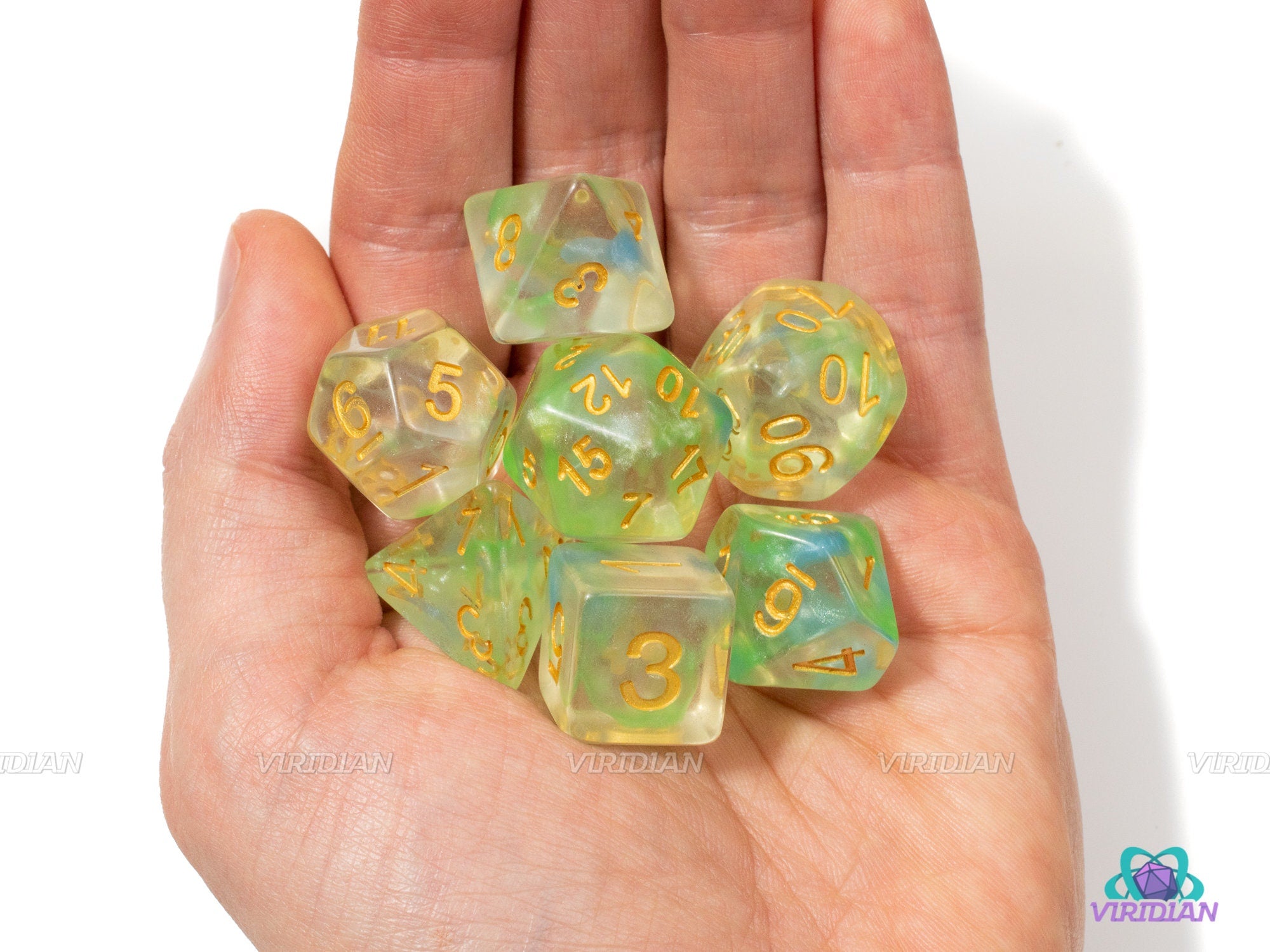 Spring Pond | Green & Blue Nebula Acrylic Dice Set (7) | Dungeons and Dragons (DnD)
